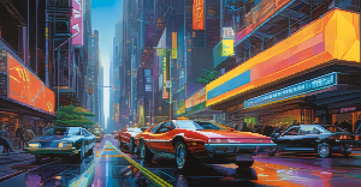 A futuristic action scene with characters in a high-speed chase through a neon-lit city, featuring sleek vehicles and dynamic rooftop leaps.