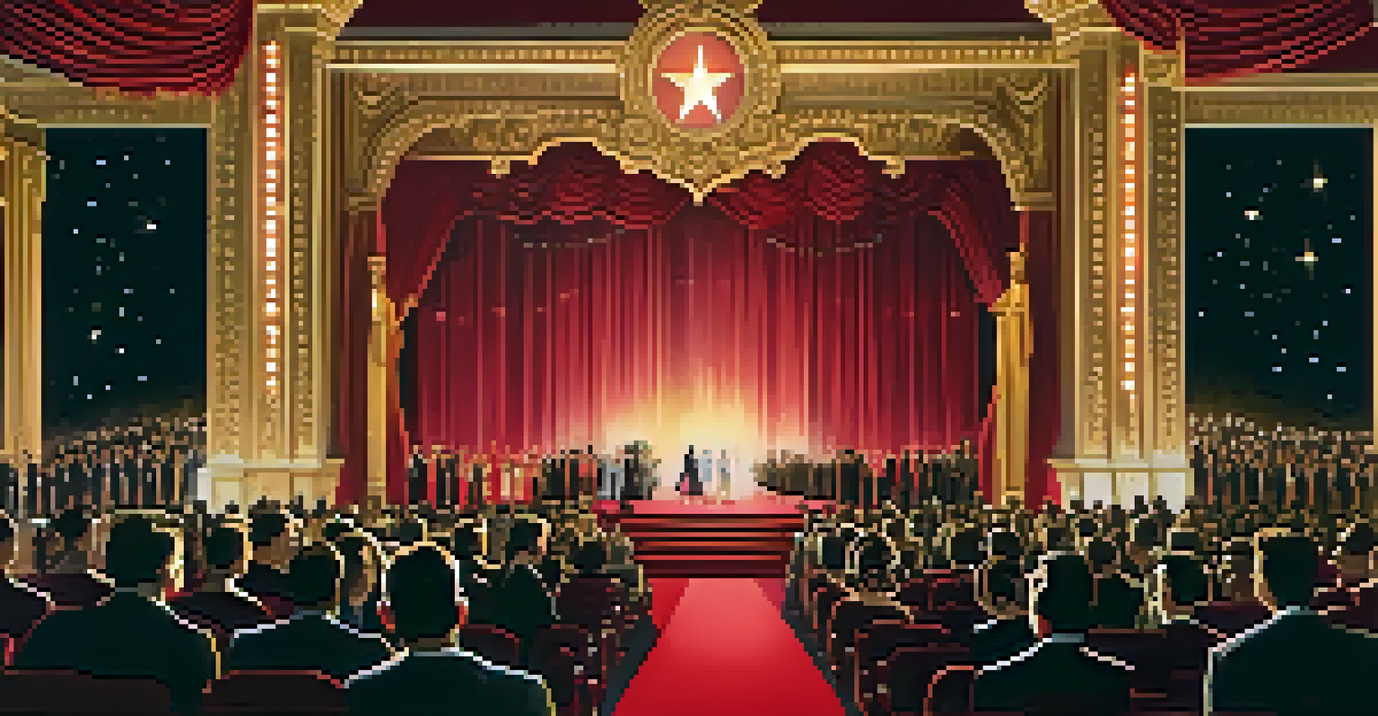 A glamorous Hollywood film premiere with stars on a red carpet, bright flashbulbs, and a lavish theater backdrop, featuring deep reds and golds.
