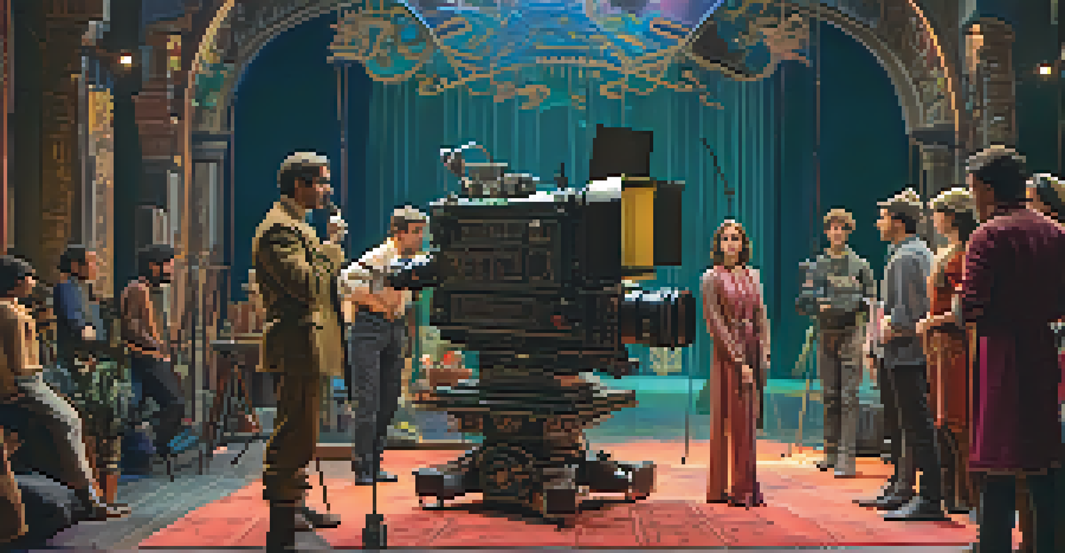 A film director on set, directing actors in a colorful fantasy world.