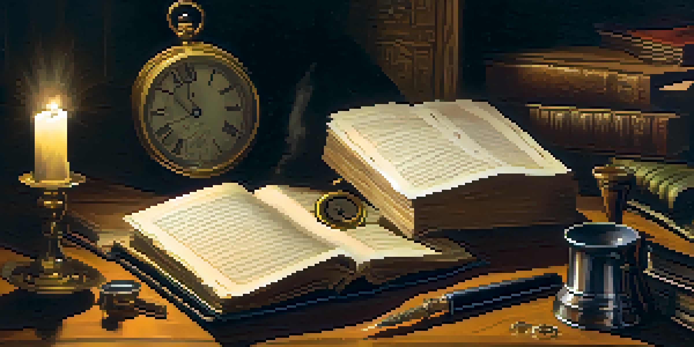 A dimly lit room with shadows, a flickering candle, an old wooden table cluttered with mysterious objects, creating an atmosphere of suspense.