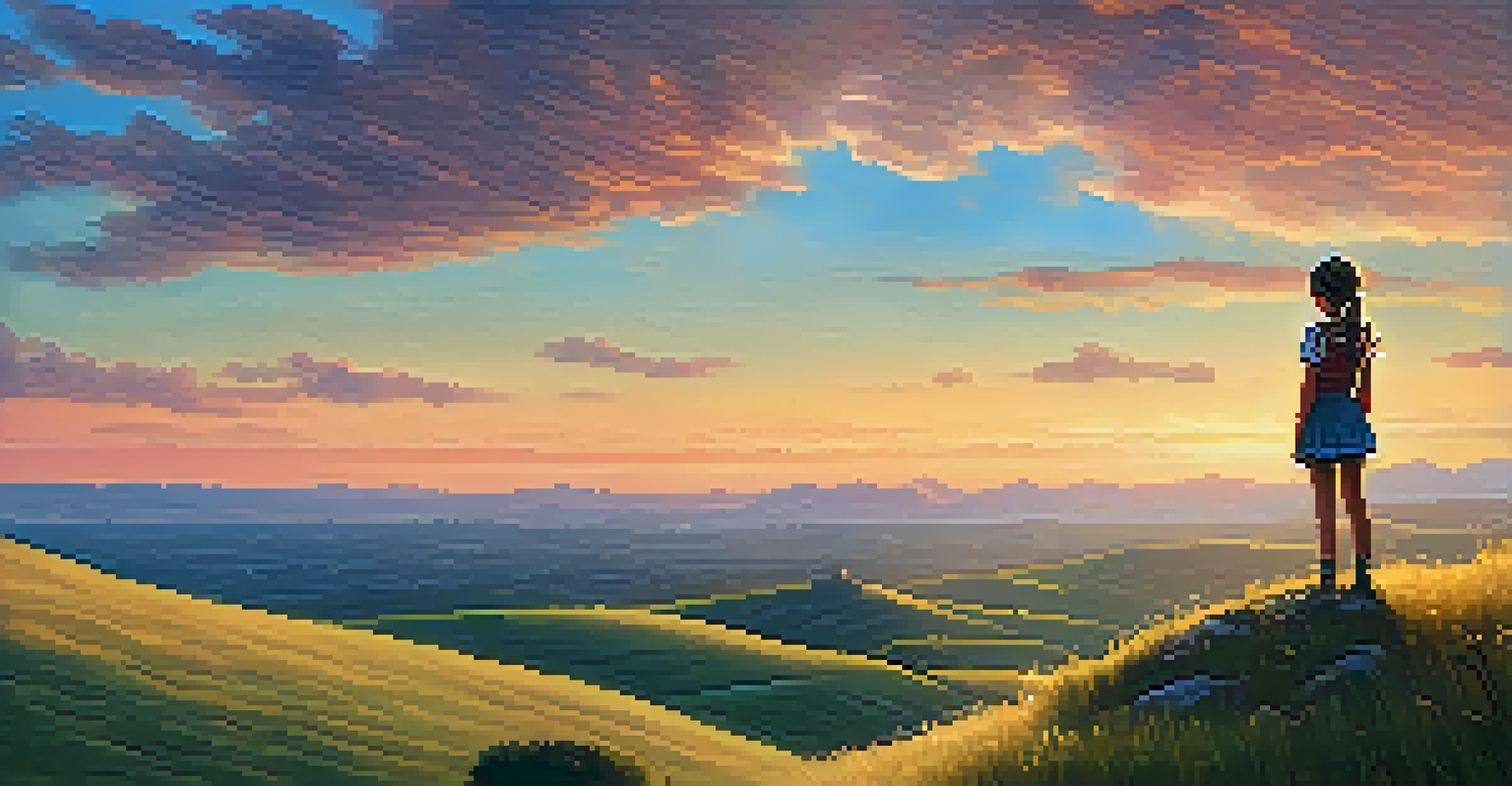 A young animated girl on a hilltop during sunset, looking towards the horizon with a thoughtful expression.
