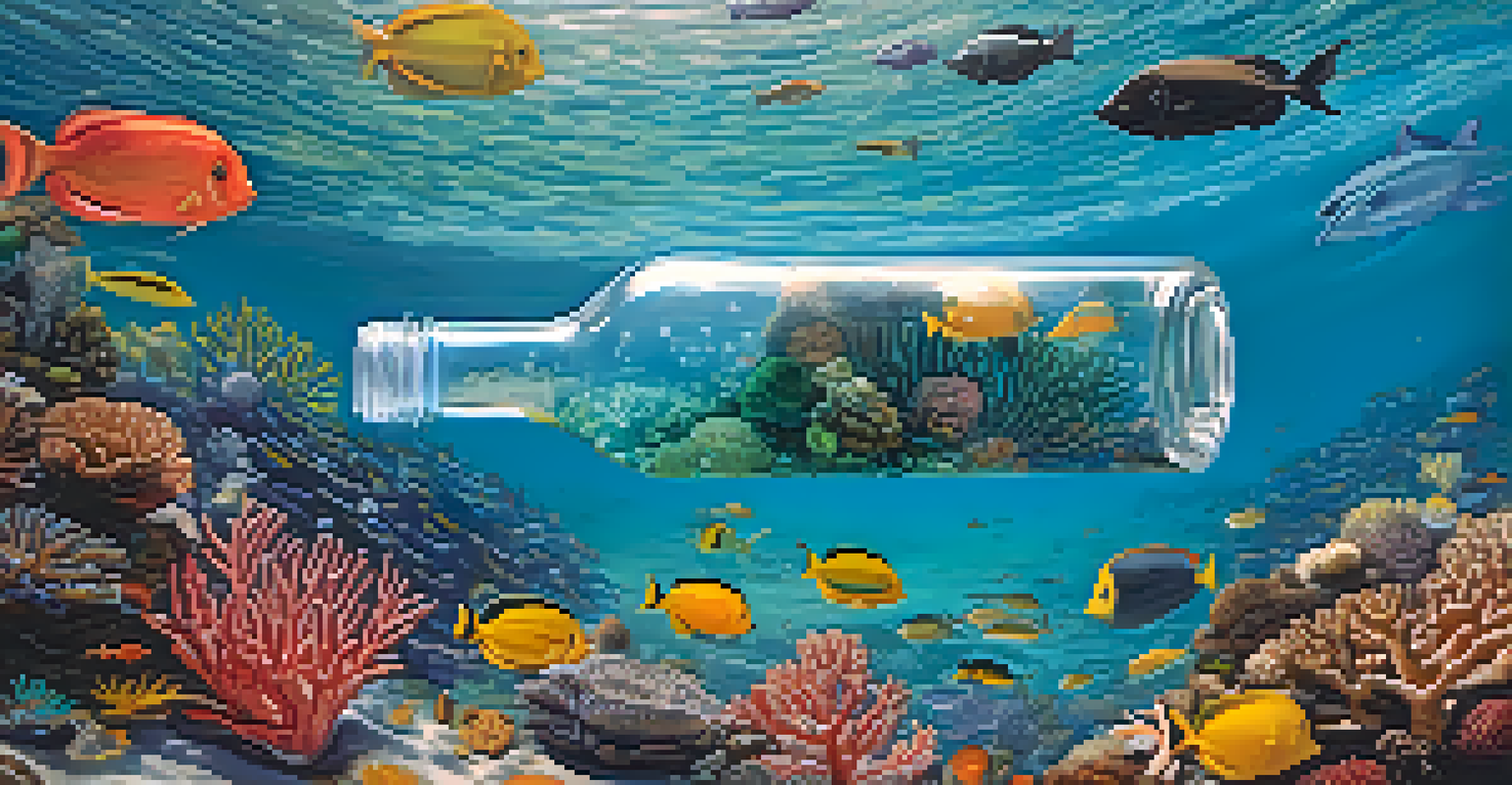 Close-up of a plastic bottle in ocean water with coral reefs and marine life around it.