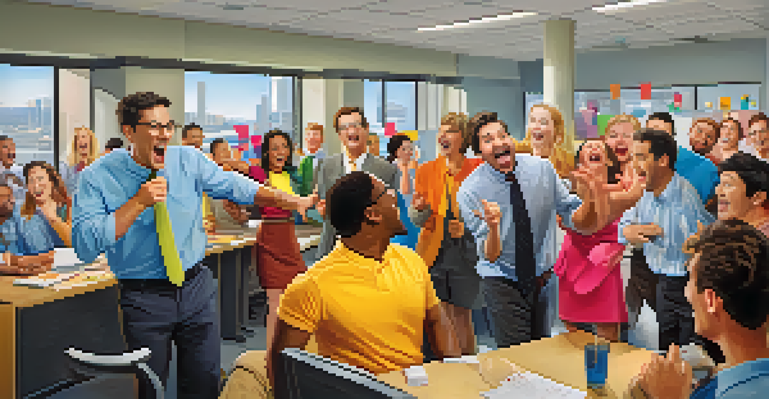 An office setting where employees of diverse backgrounds are laughing during a humorous team-building activity.