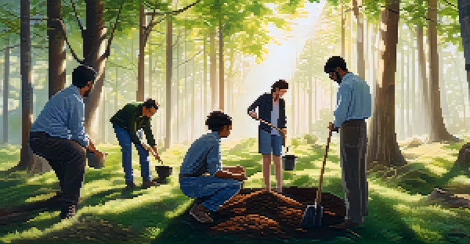 Filmmakers planting trees in a forest as part of a carbon offset initiative.