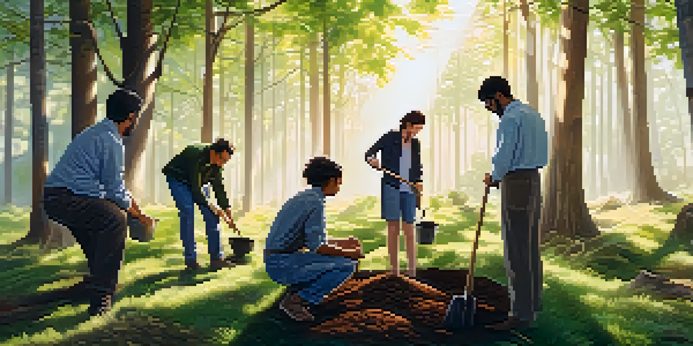 Filmmakers planting trees in a forest as part of a carbon offset initiative.