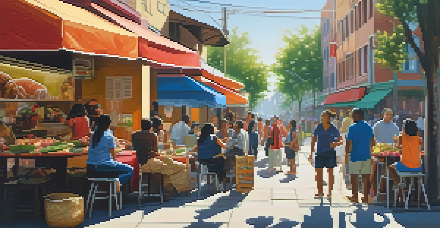 A lively street scene with diverse people and colorful street art.