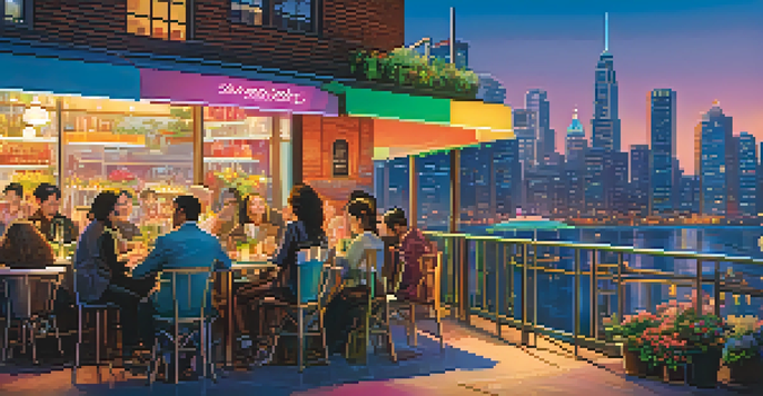 A modern city skyline at dusk with neon lights reflecting on a river, featuring diverse people at an outdoor café surrounded by greenery.