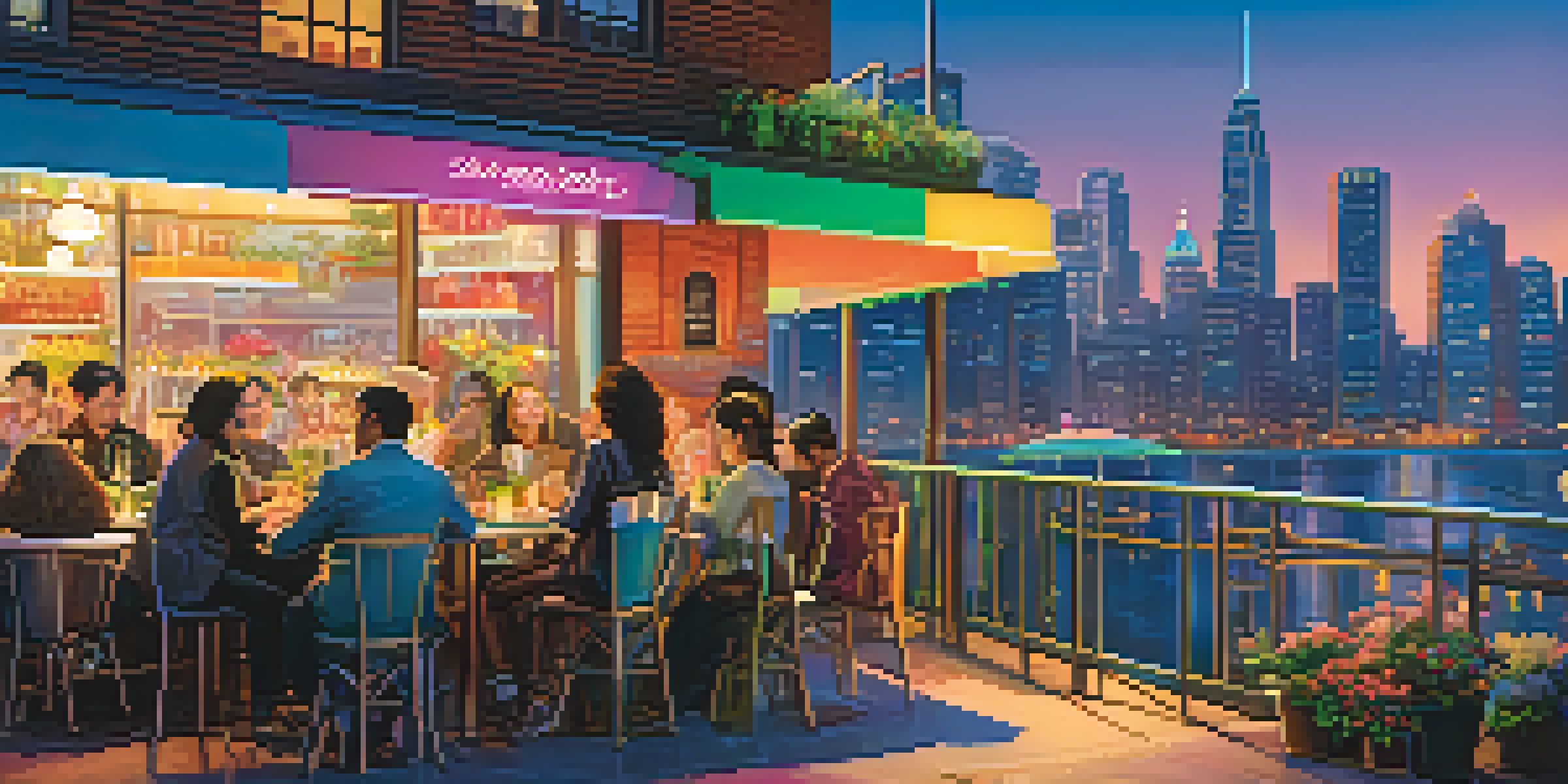 A modern city skyline at dusk with neon lights reflecting on a river, featuring diverse people at an outdoor café surrounded by greenery.