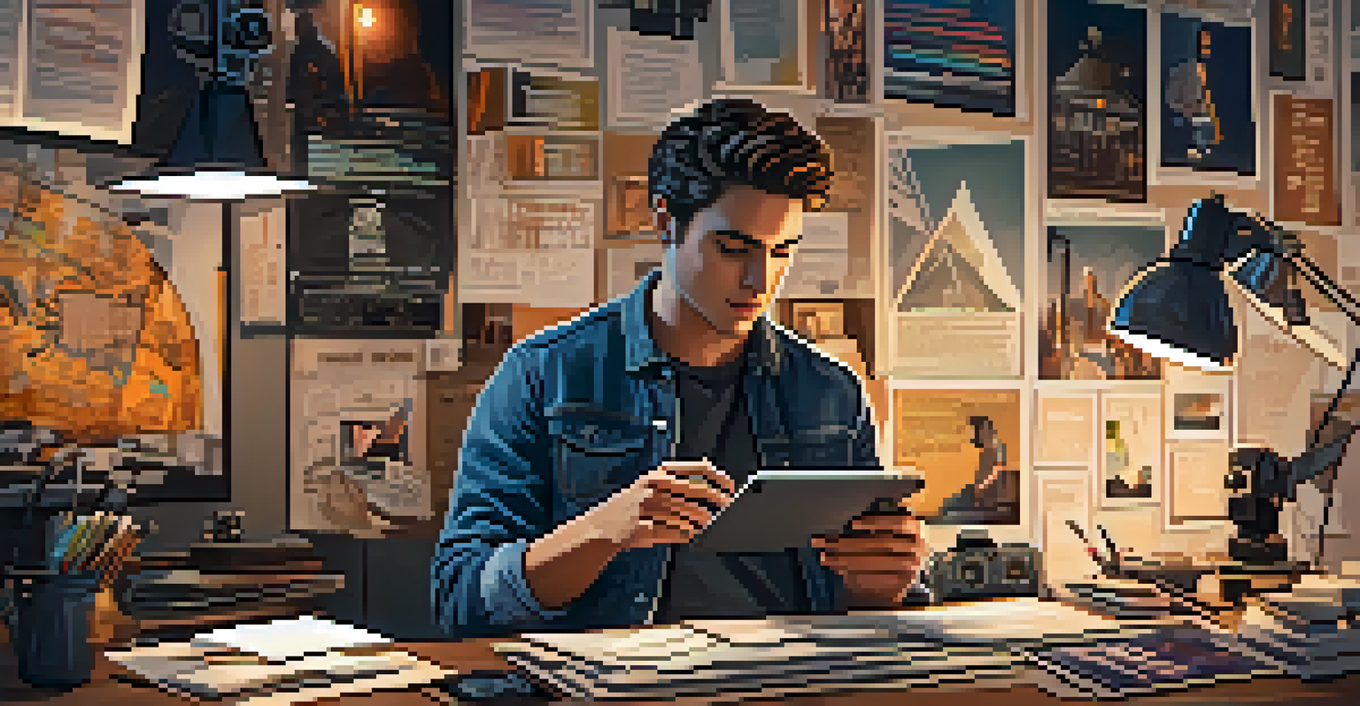 A filmmaker and an influencer collaborating in a creative workspace filled with film equipment and storyboards.
