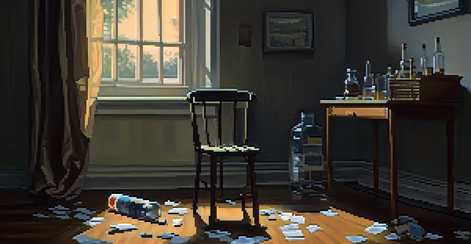 A dimly lit room featuring an empty chair and a table with empty bottles, symbolizing the impact of addiction.