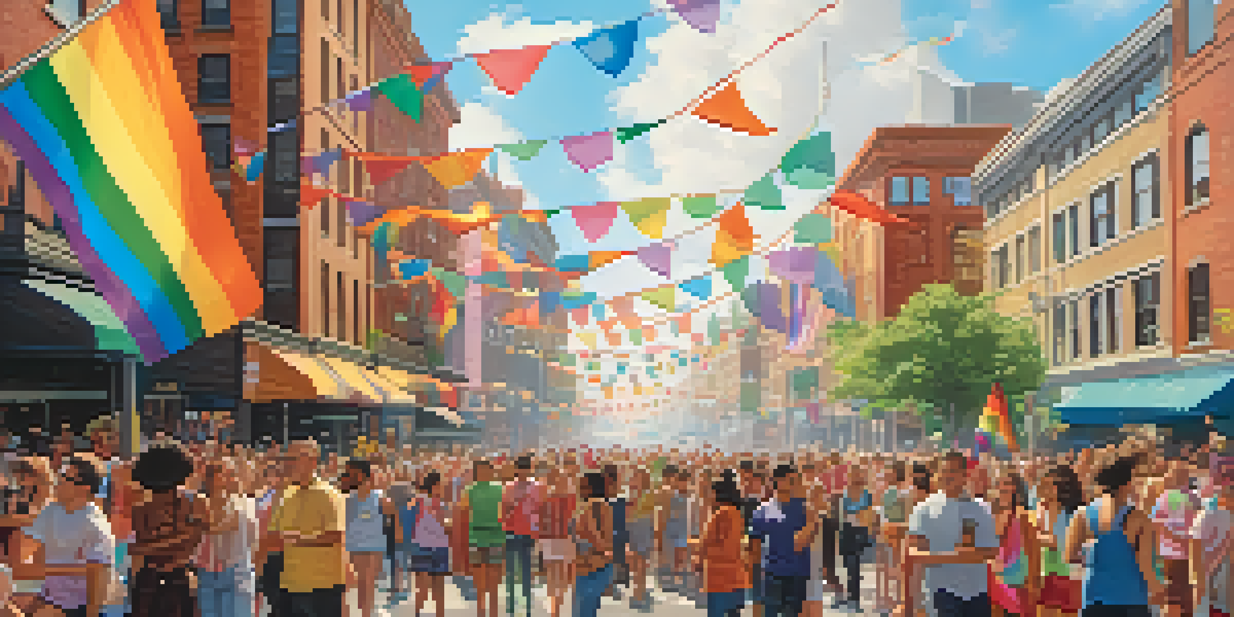 A lively urban scene depicting LGBTQ+ individuals celebrating pride with colorful attire and rainbow flags, surrounded by cheerful buildings and a bright sky.