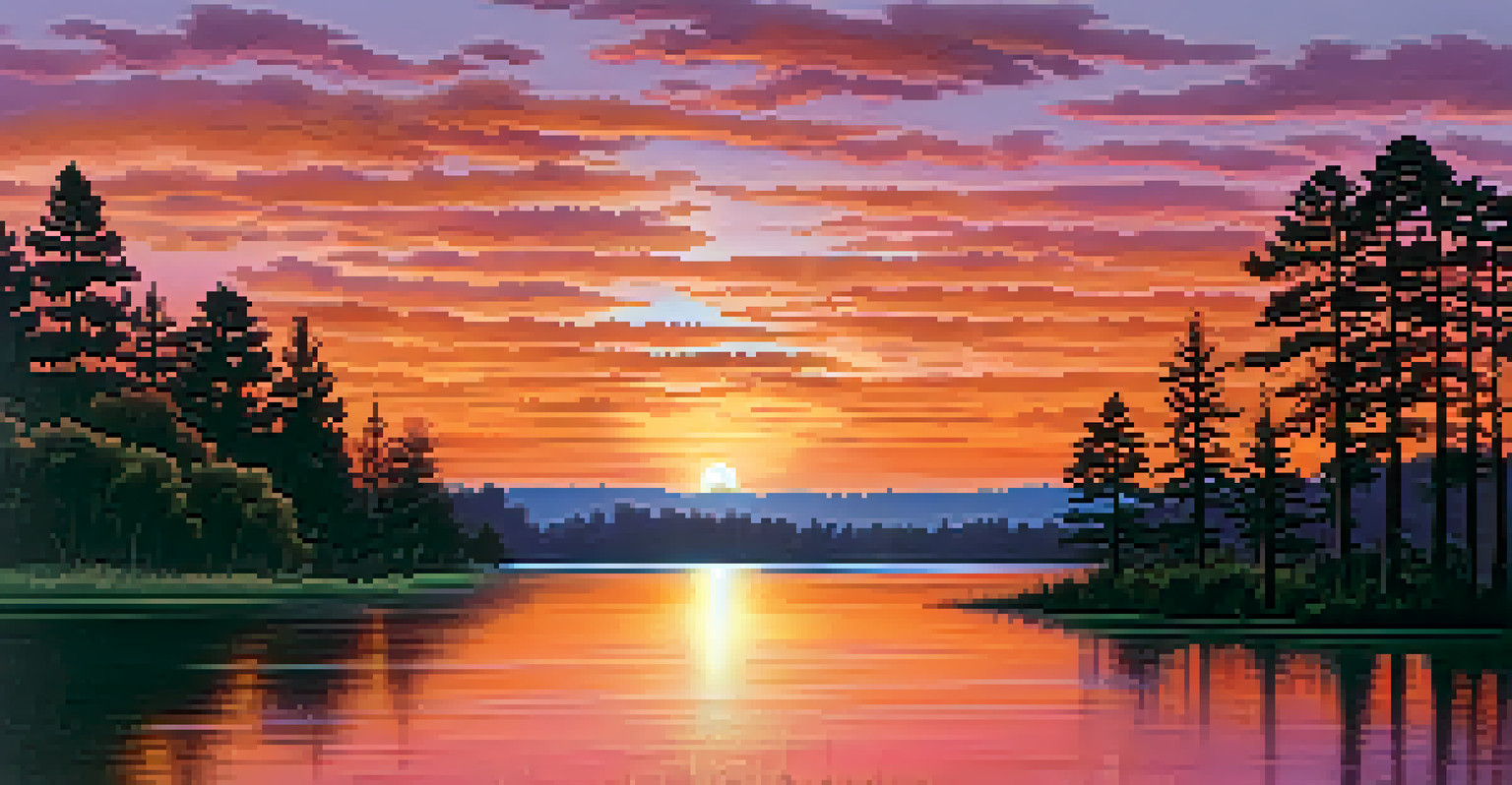 A vibrant sunset over a peaceful lake with orange, pink, and purple hues, framed by silhouettes of trees, creating a tranquil atmosphere.