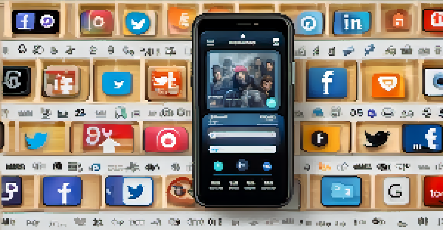 A smartphone showing a countdown for a film release, surrounded by colorful social media icons and hashtags.