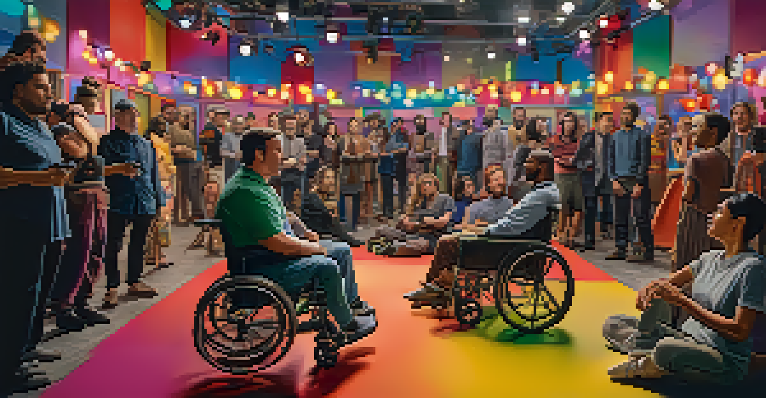 A modern film set with a diverse group of filmmakers, including a disabled director in a wheelchair, discussing a scene amidst colorful props and crew activities.