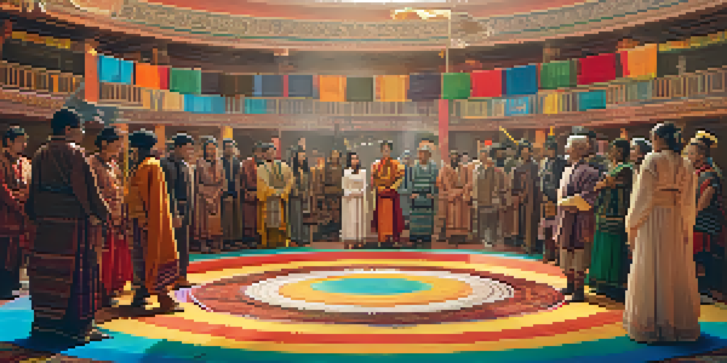 A diverse group of actors in costume stands together on a film set, with colorful cultural banners in the background and soft natural light.