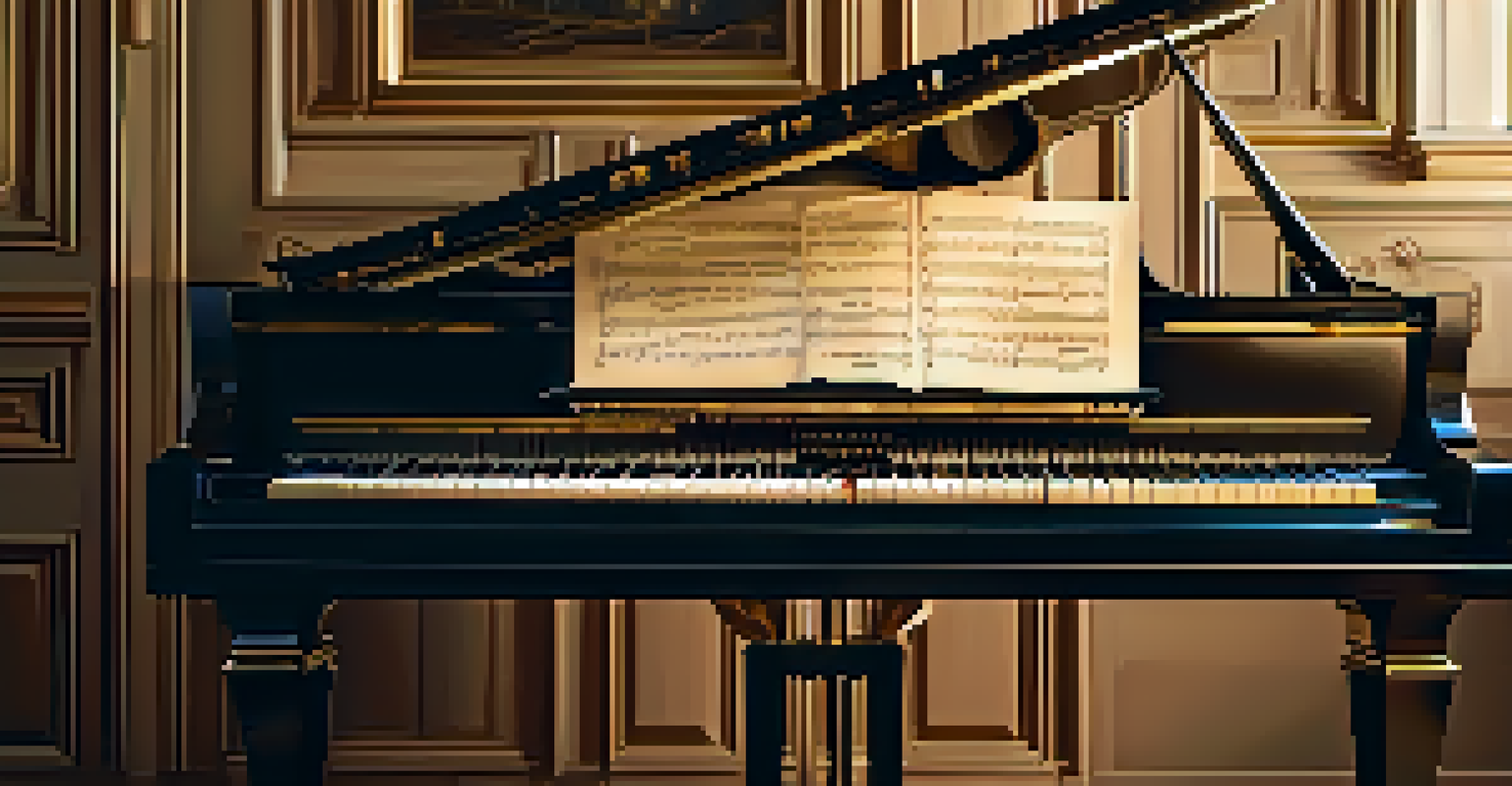 A grand piano in a dimly lit room, illuminated by warm light, with sheet music on top.