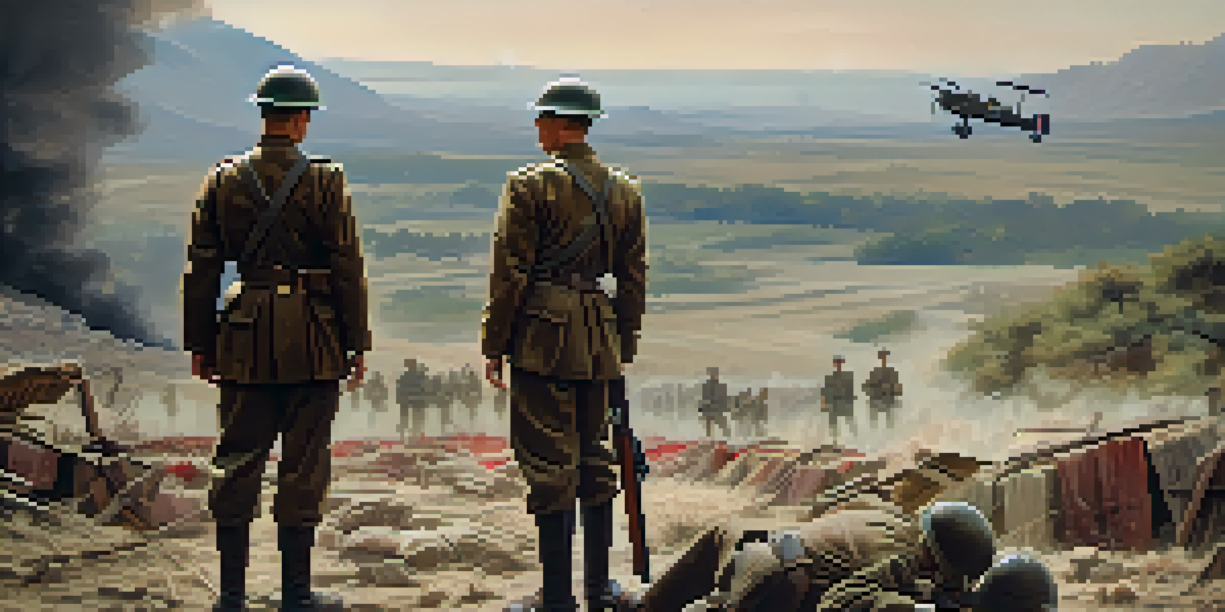 A dramatic World War II film set with soldiers in uniforms, a war-torn landscape, and intense lighting.