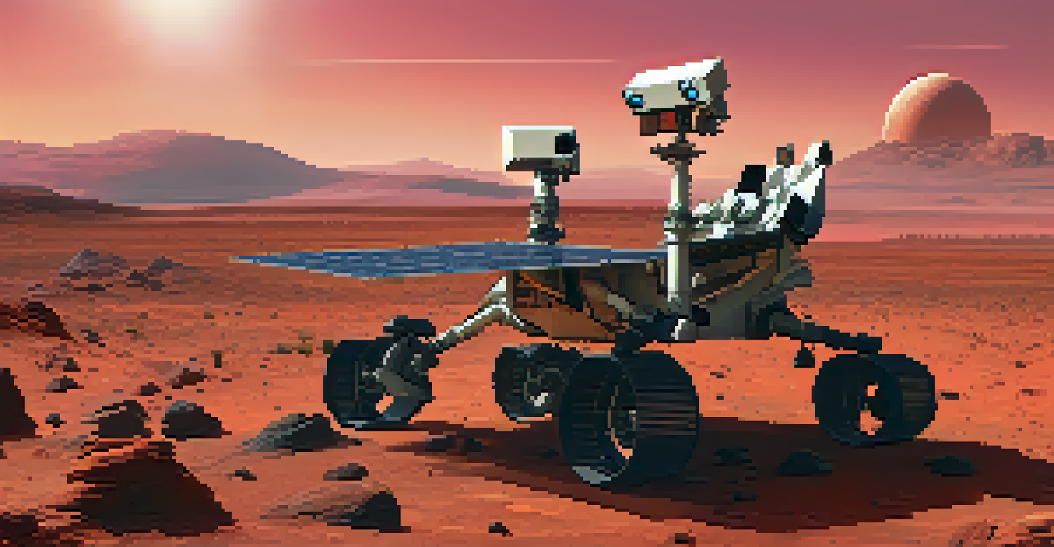 A Martian landscape with a rover under a pink sunset sky.