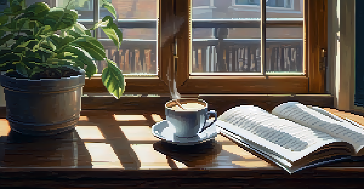 An open film script on a wooden desk with a cup of coffee and a potted plant, illuminated by soft natural light.
