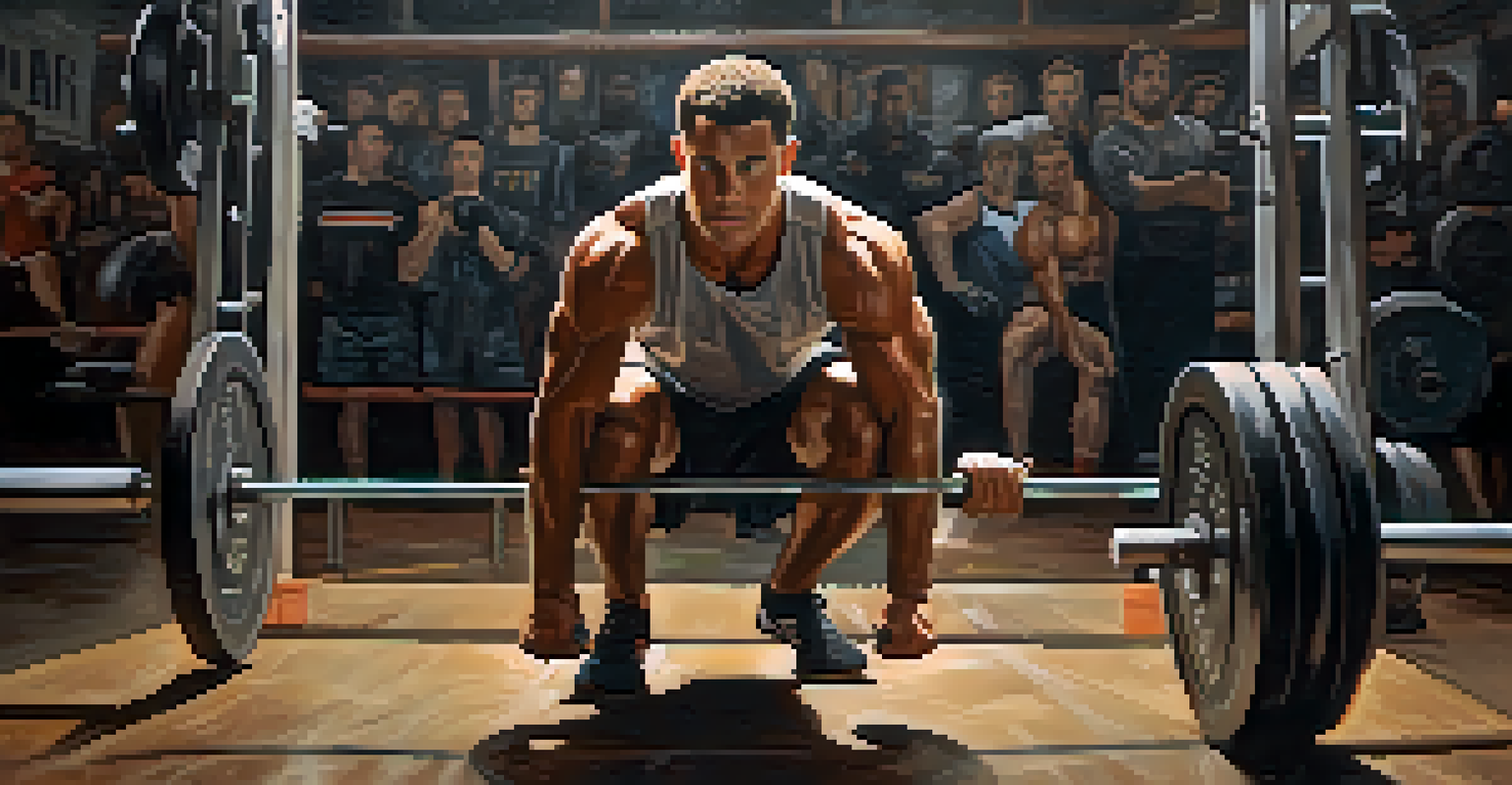 An athlete training intensely in a dimly lit gym, showcasing determination and grit with motivational quotes in the background.