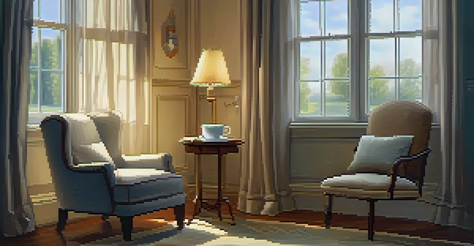 A cozy room with an armchair and a table holding a cup of tea, illuminated by soft morning light through sheer curtains.