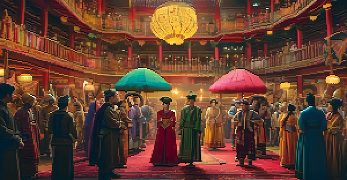 A lively film set featuring actors in traditional costumes from different cultures, with a director overseeing the scene amidst colorful props and warm lighting.