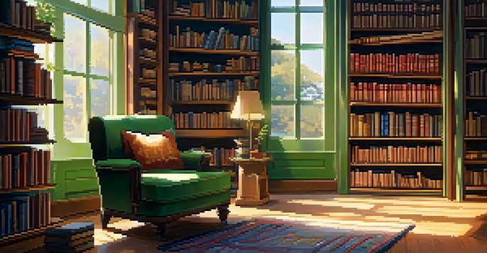 A warm and inviting library with an armchair, sunlight, an open book, and a cup of tea.
