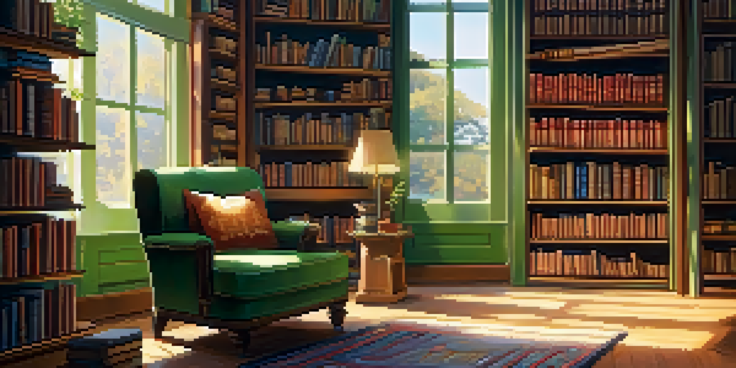 A warm and inviting library with an armchair, sunlight, an open book, and a cup of tea.