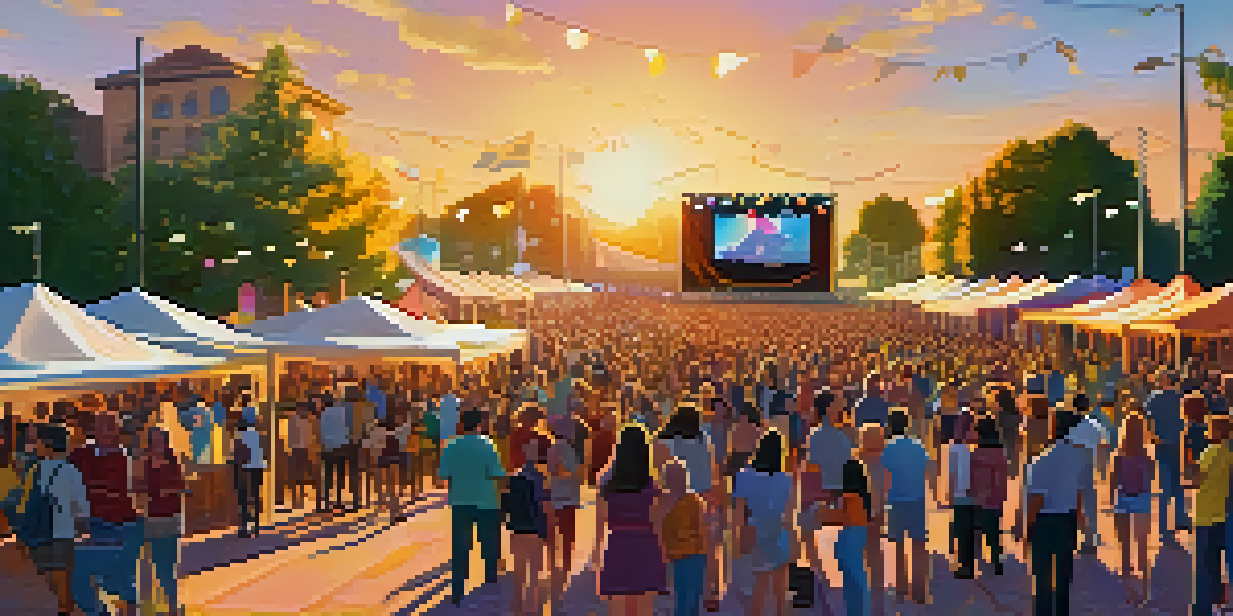 A lively outdoor film festival with filmmakers and audience members interacting, colorful banners, and a large screen displaying a film during sunset.