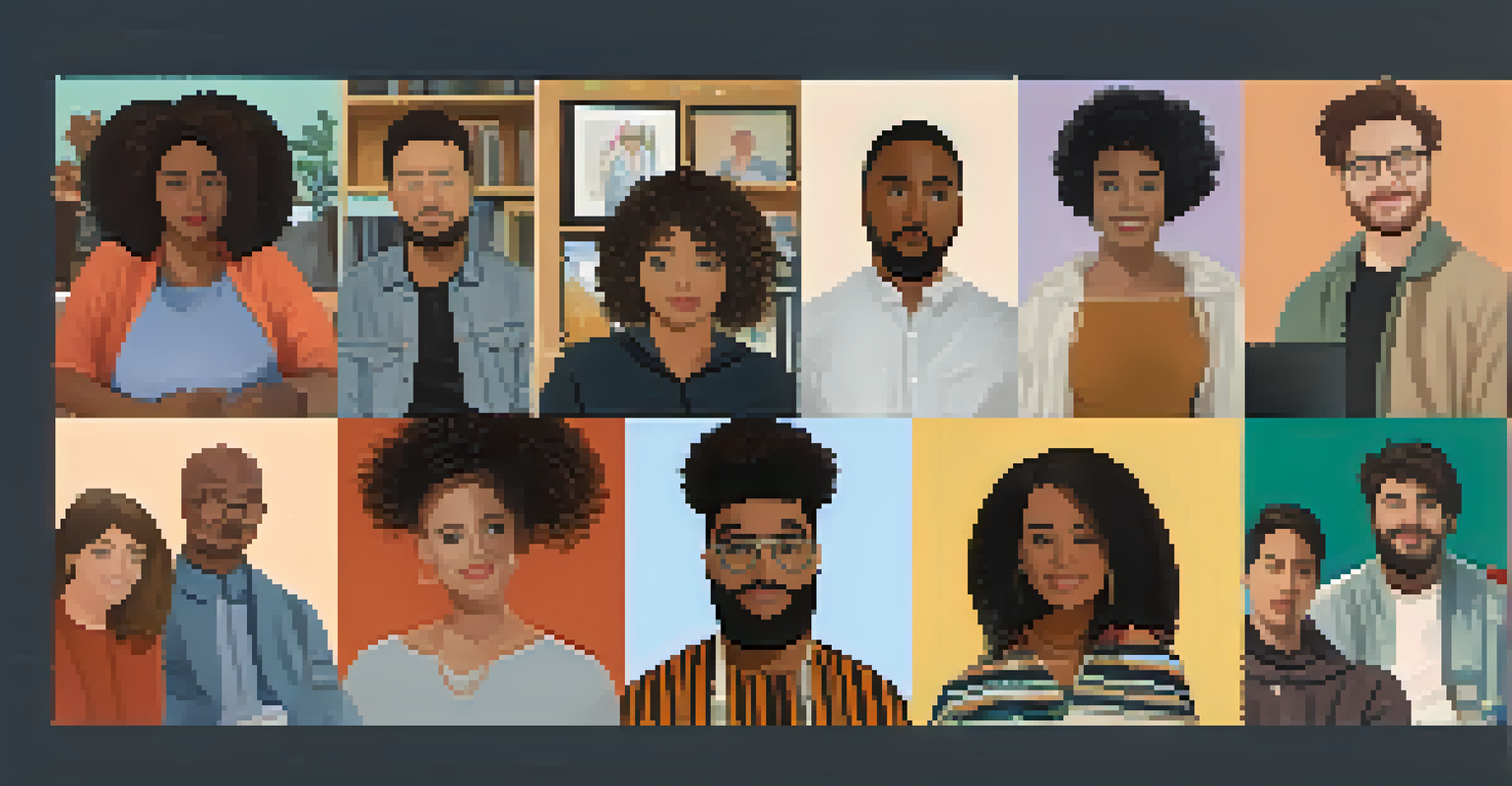 A split screen showing diverse filmmakers collaborating remotely with personal backgrounds reflecting their identities.