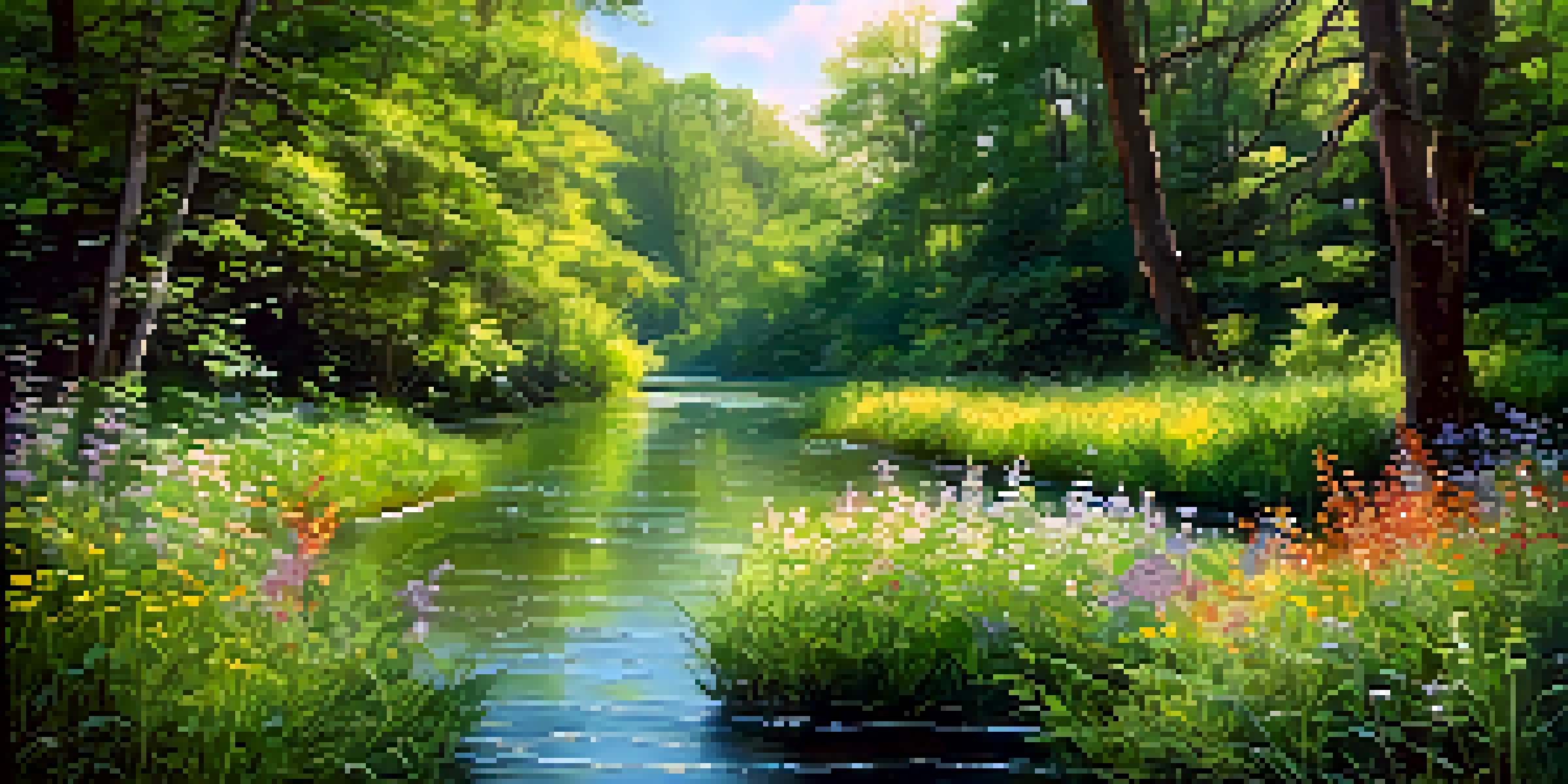 A peaceful river surrounded by a lush green forest, with sunlight shining through the leaves and colorful wildflowers in the foreground.