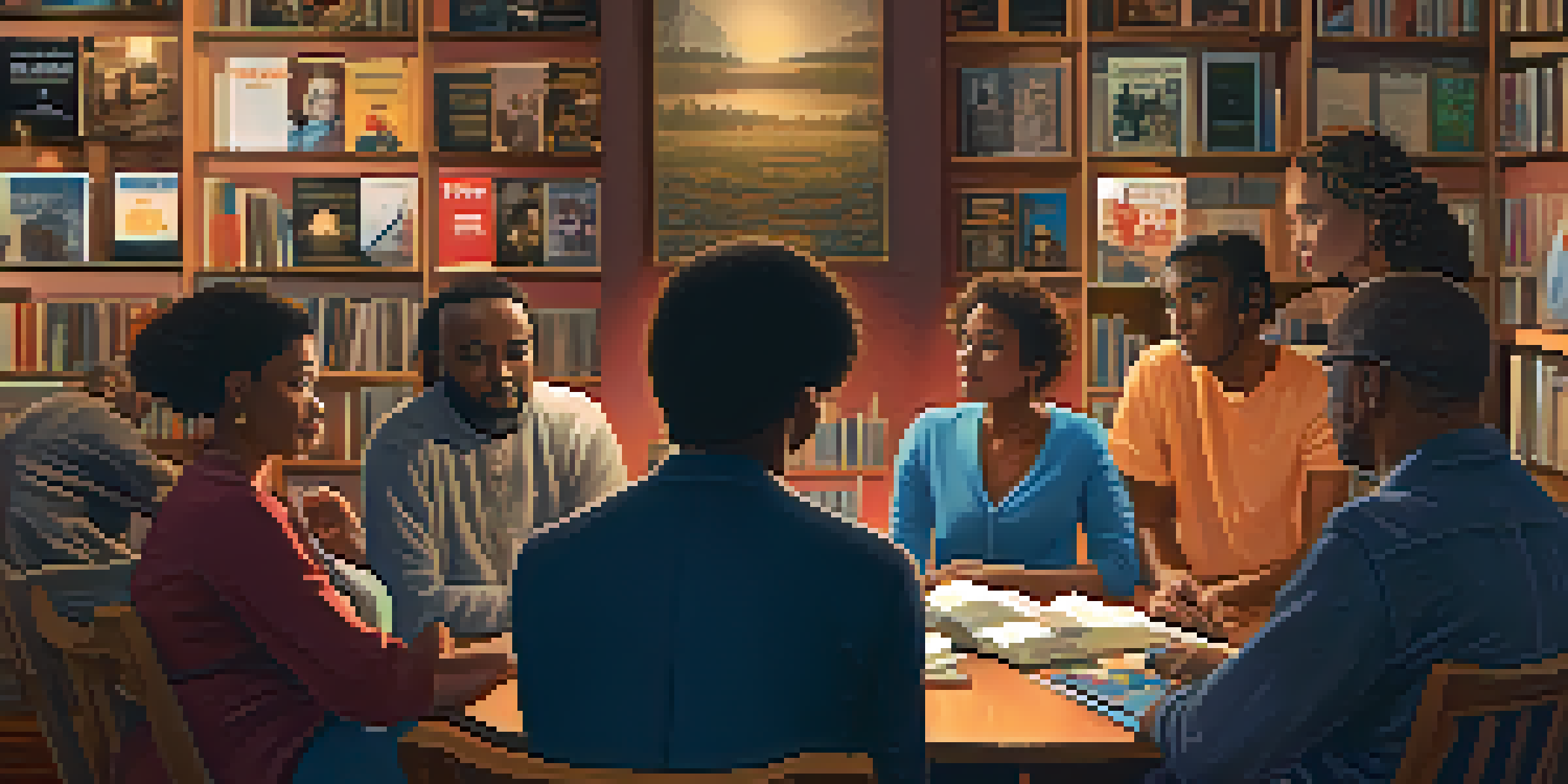 A diverse group of people engaged in a discussion in a cozy room filled with books and film posters.
