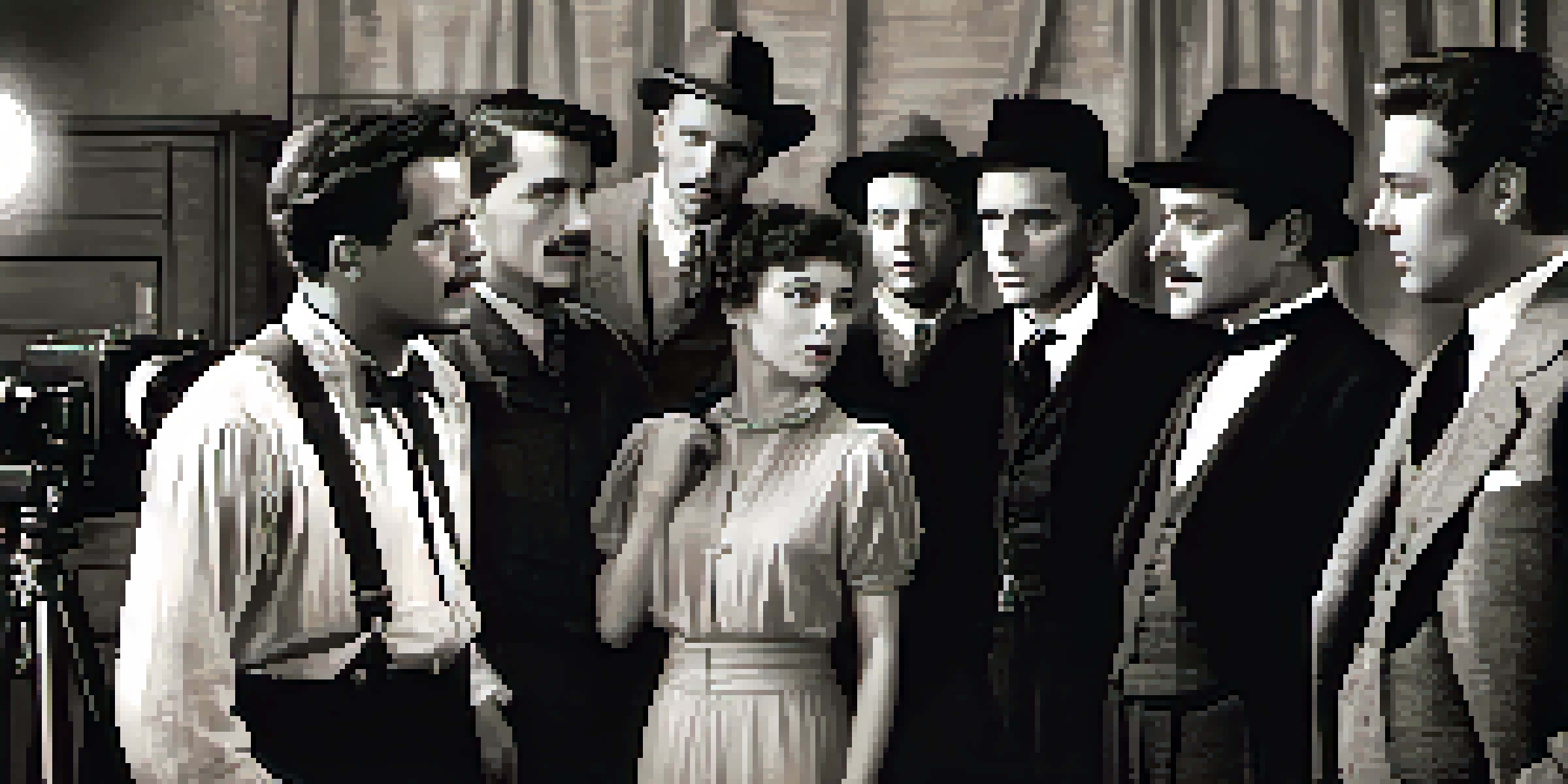 A group of early 20th-century actors in vintage clothing gathered in a dimly lit Hollywood studio, discussing important matters.