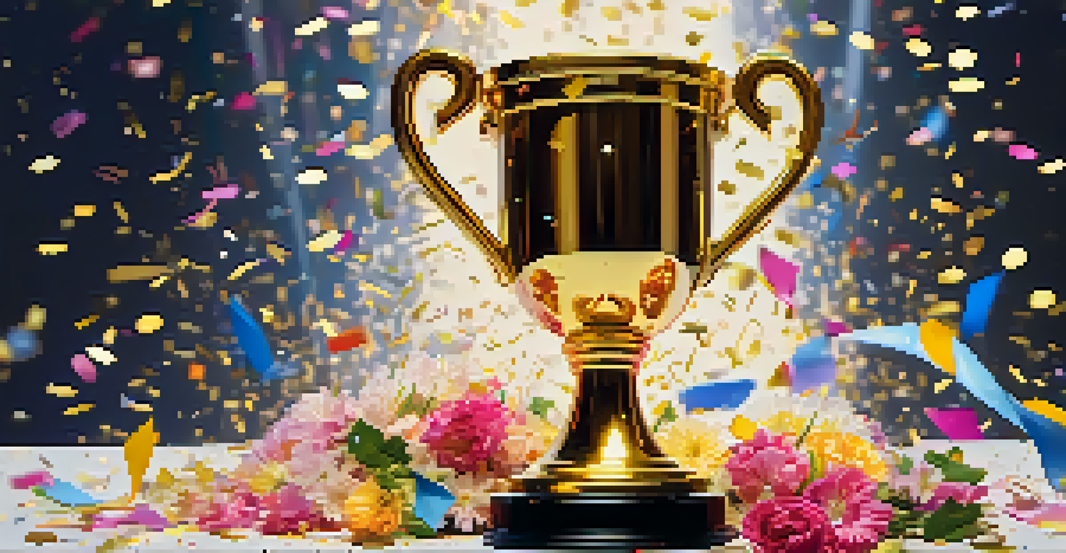 A golden trophy on a table surrounded by confetti and flowers, shining under soft light, symbolizing celebration.
