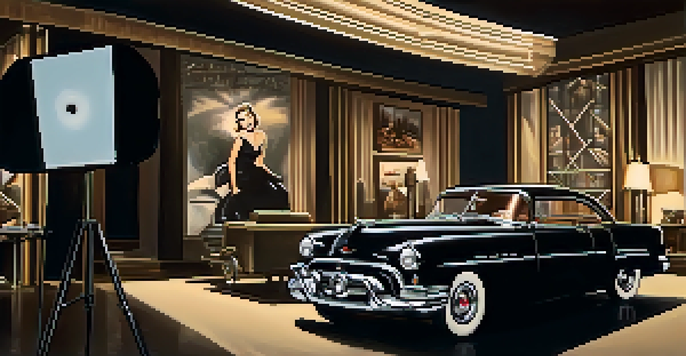 A glamorous scene from the 1950s featuring an actress in a little black dress with vintage film equipment in the background.