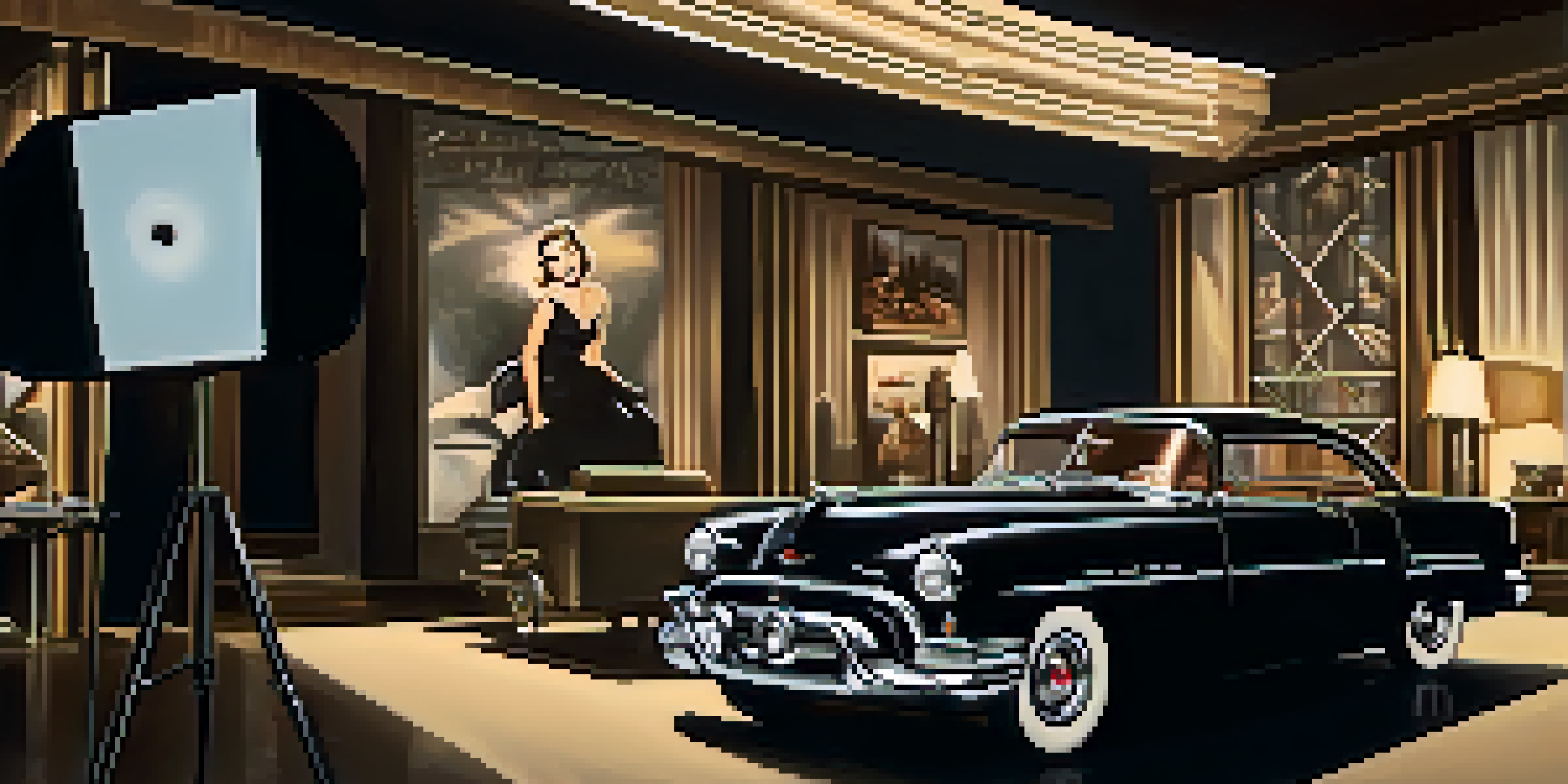 A glamorous scene from the 1950s featuring an actress in a little black dress with vintage film equipment in the background.