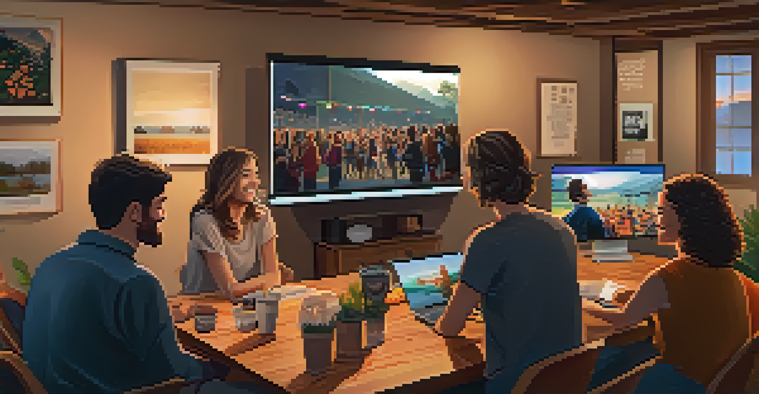 A warm live streaming setup with filmmakers and actors interacting with fans, featuring a computer screen with live comments.