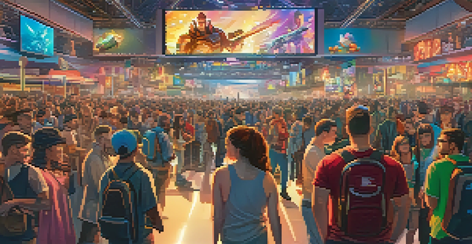 A bustling gaming convention with fans interacting with game demos and colorful banners in the background.