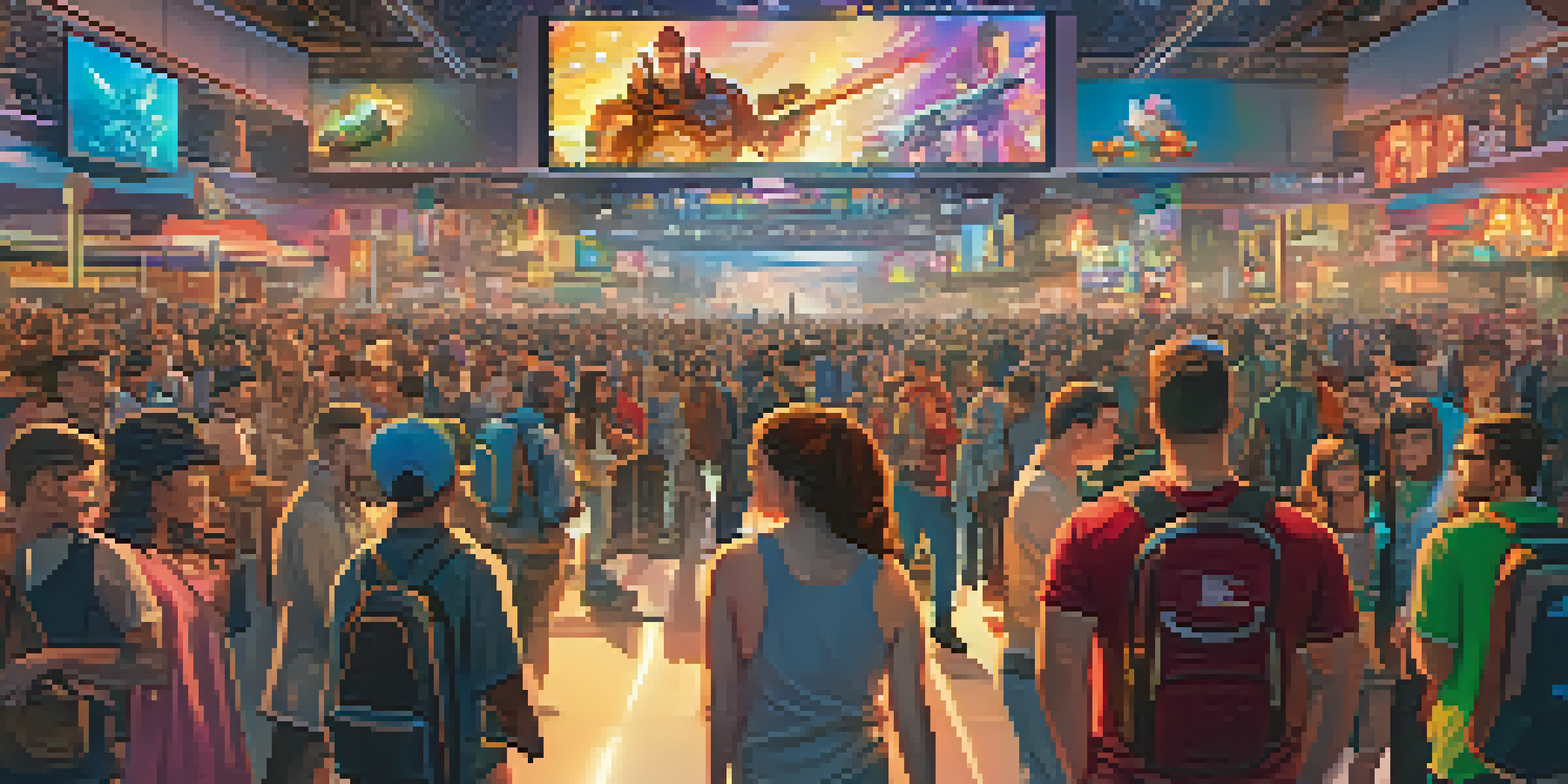 A bustling gaming convention with fans interacting with game demos and colorful banners in the background.