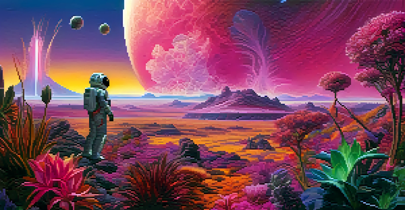 An alien landscape with unusual plants and a colorful sky with two suns, featuring explorers in space suits examining the flora.