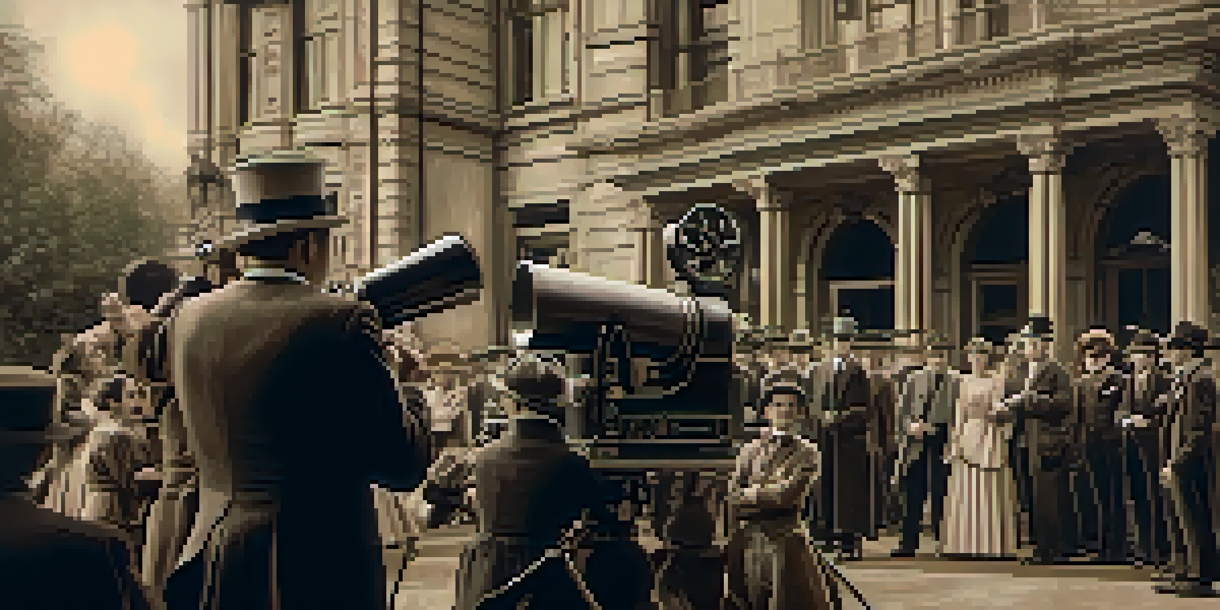 A vintage film set depicting a director and actors in early 1900s costumes, with a silent film camera and a Victorian-style building in the background.