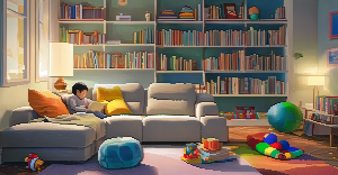 A single parent reading a bedtime story to their child in a cozy living room filled with books and toys.