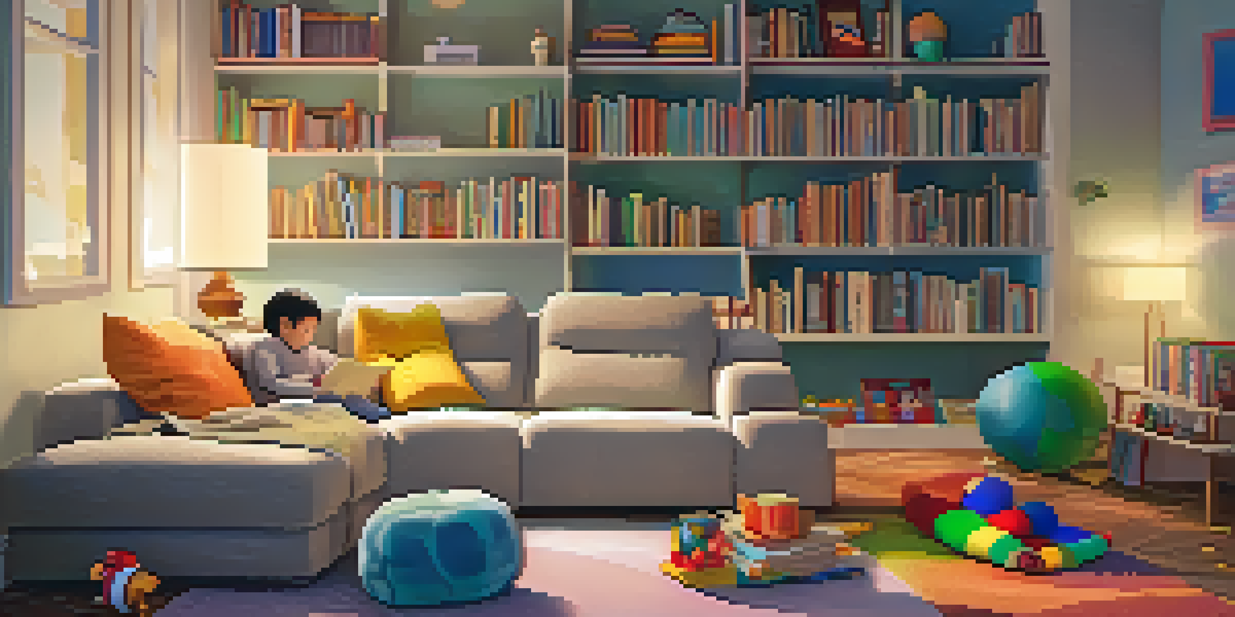 A single parent reading a bedtime story to their child in a cozy living room filled with books and toys.