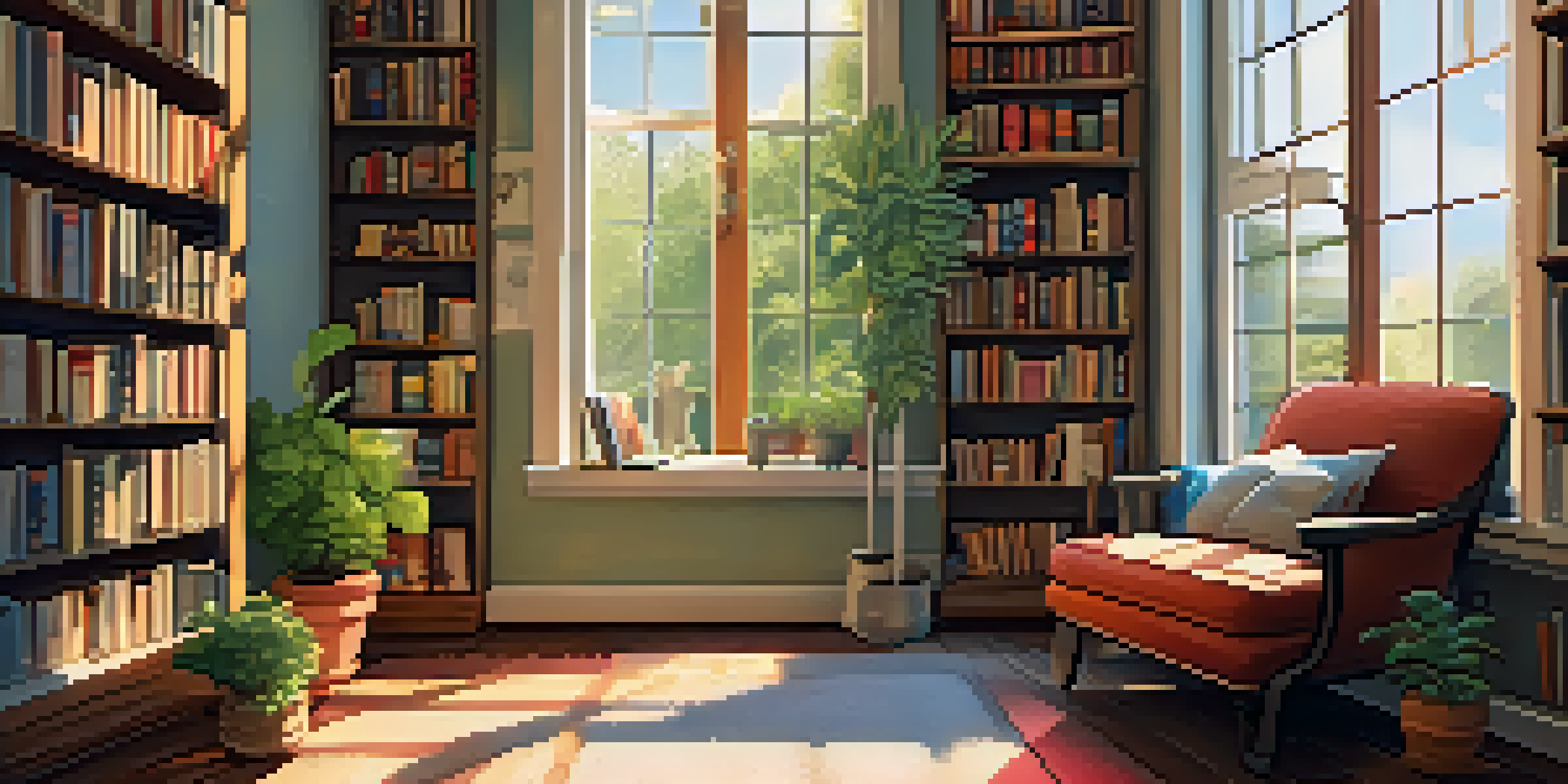 A cozy reading nook with a plush armchair, a window letting in natural light, a cup of tea on a side table, and bookshelves filled with colorful novels.