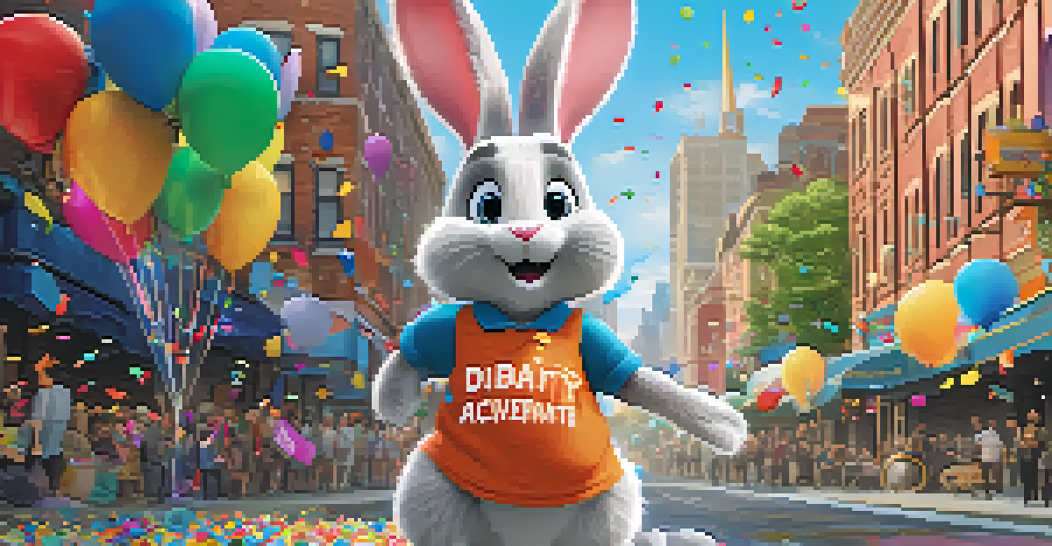 A colorful animated cartoon rabbit in a city setting holding a sign promoting diversity and acceptance.