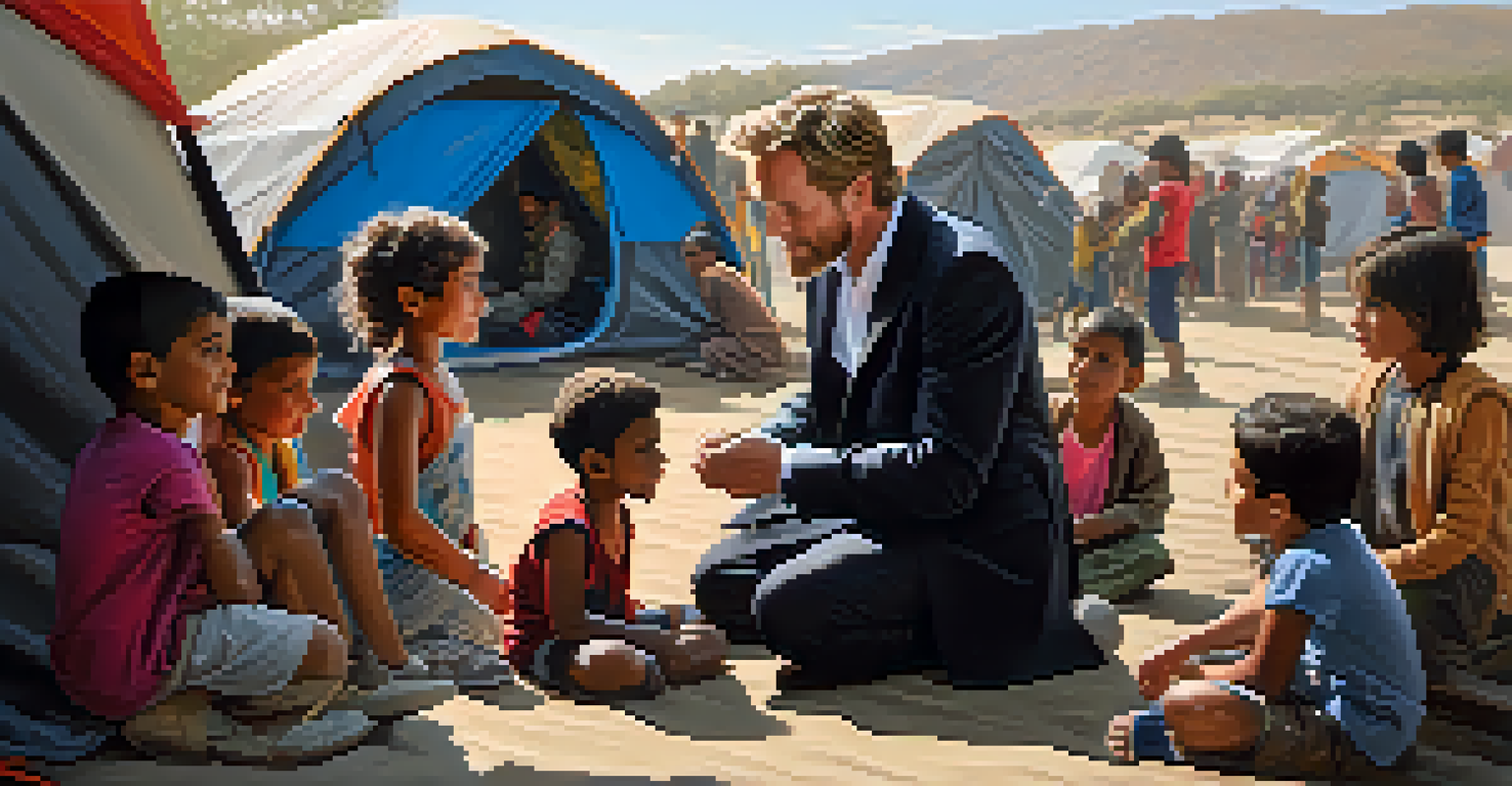 A celebrity interacting with children in a refugee camp, capturing a moment of connection and empathy amid humanitarian efforts.