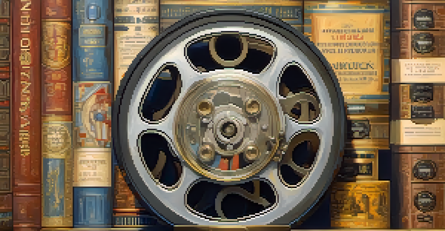 A close-up of an aged film reel surrounded by cultural artifacts, symbolizing the globalization of Hollywood narratives.