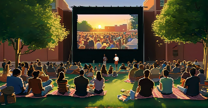 An outdoor short film festival scene with a large screen showing a film, diverse attendees enjoying the event, and warm sunset lighting.