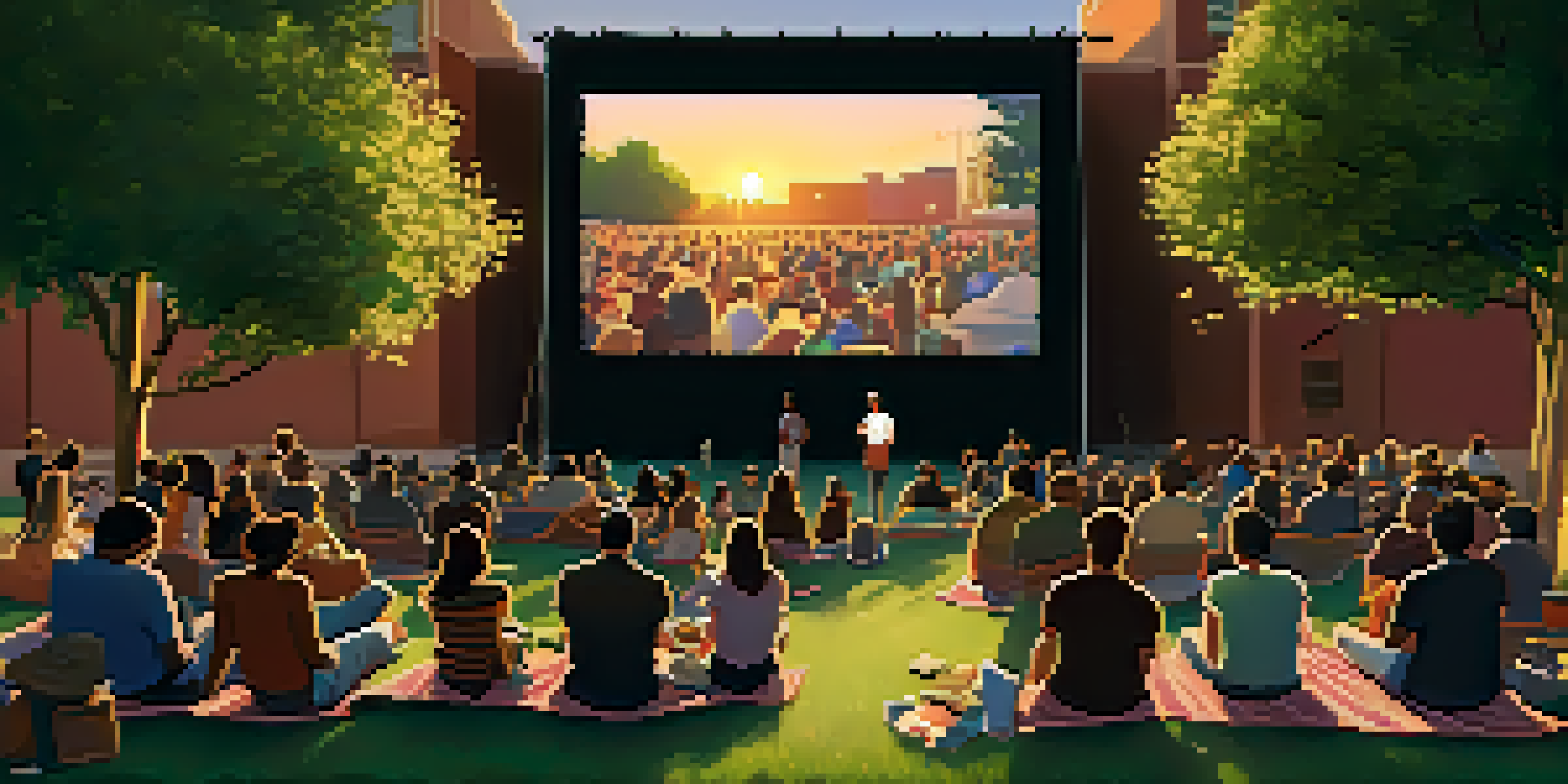 An outdoor short film festival scene with a large screen showing a film, diverse attendees enjoying the event, and warm sunset lighting.