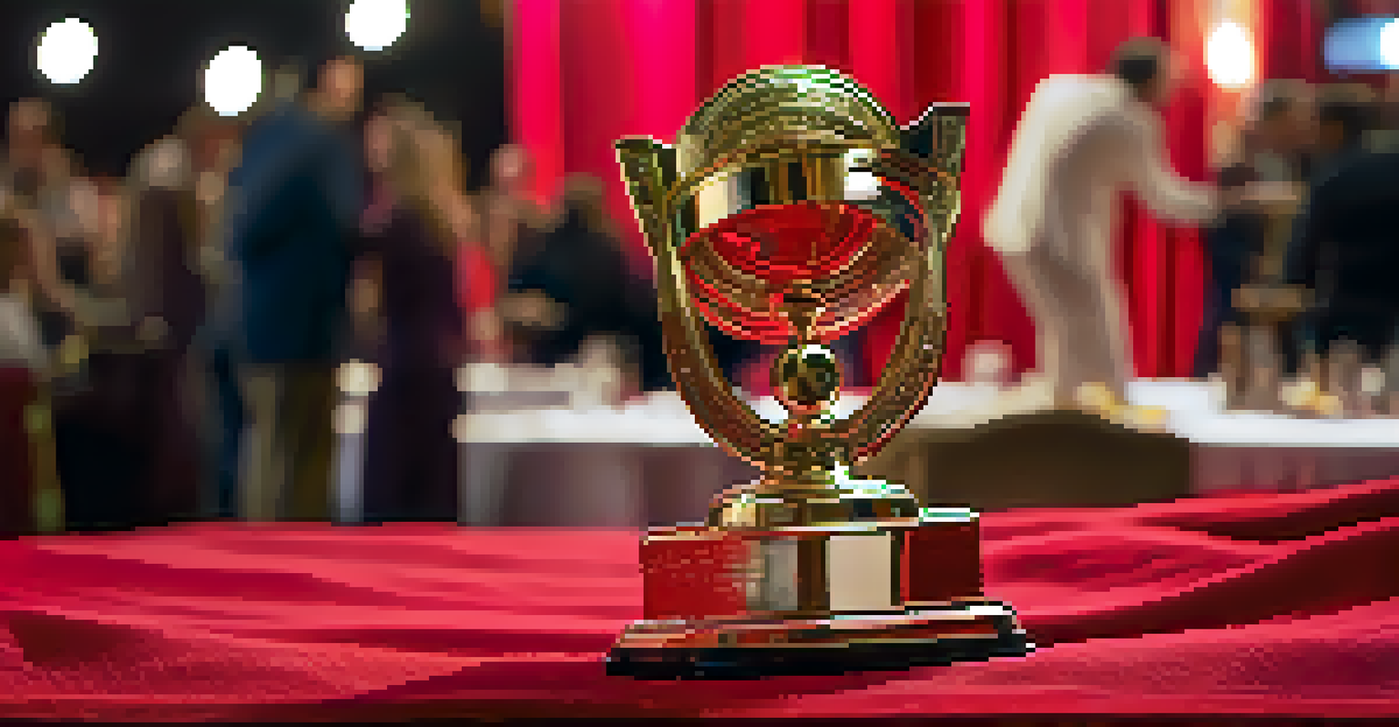 A close-up of a shining film festival award trophy on a red velvet tablecloth, with blurred silhouettes of celebrating attendees in the background.